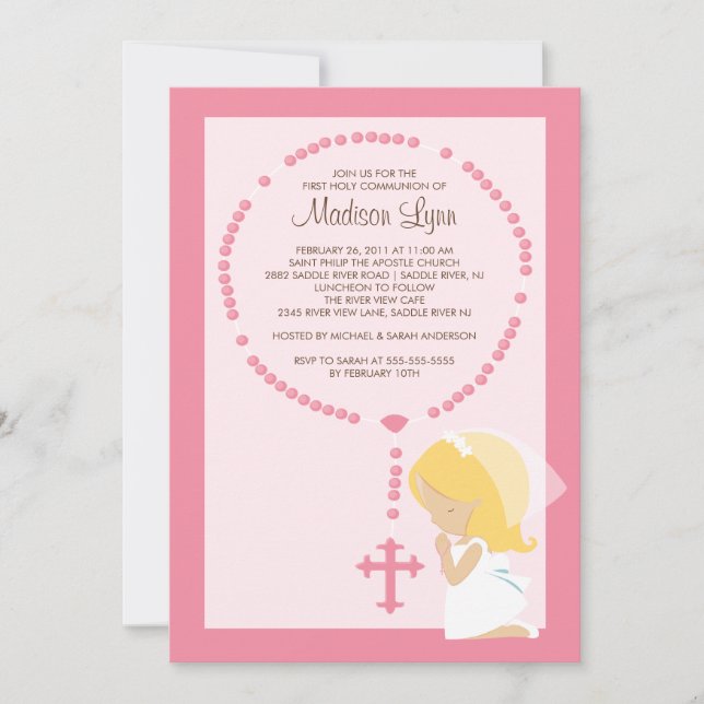 Cute Rosary First Communion Invitation Girl Pink (Front)