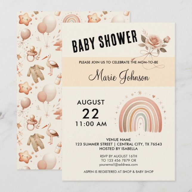 Cute Rose Baby Shower - Rainbow Invitation (Front/Back)