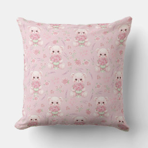 Cute Rose Bear and Floral Bouquet Seamless Pattern Cushion