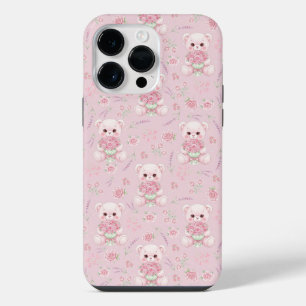 Cute Rose Bear and Floral Bouquet Seamless Pattern iPhone 14 Pro Max Case