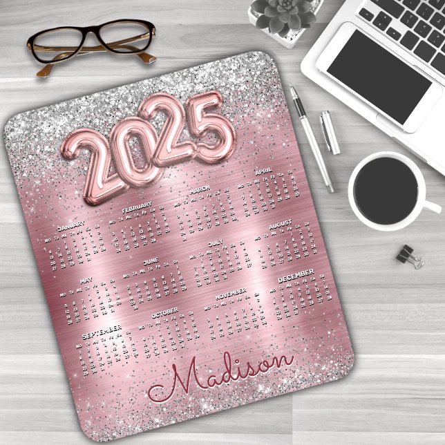 Cute rose blush glitter monogram 2025 calendar  mouse mat (Creator Uploaded)