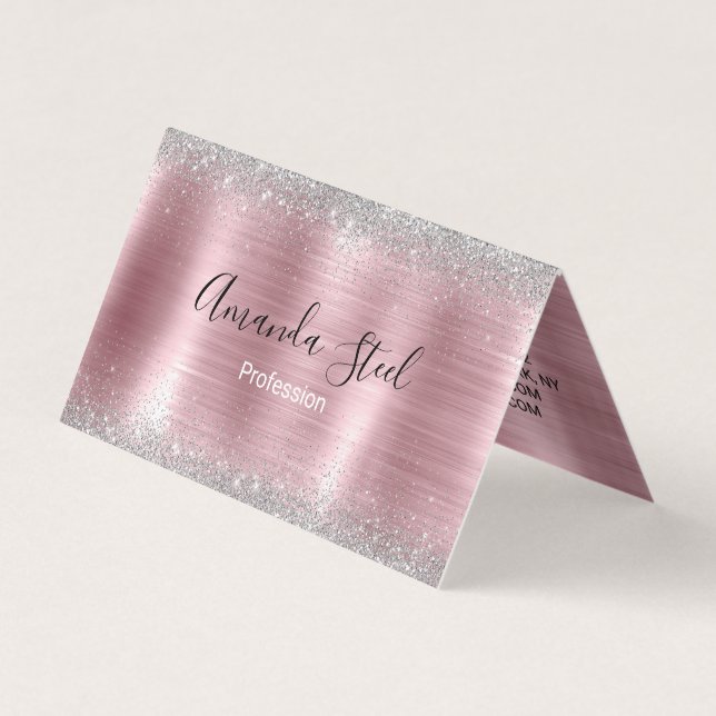 Cute rose blush silver faux glitter business card (Front)