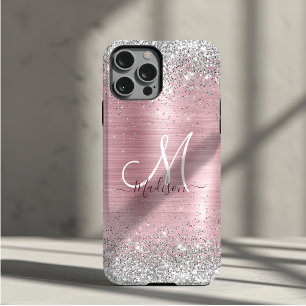 Cute rose blush silver faux glitter monogram
