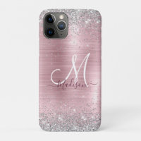 Cute rose blush silver faux glitter monogram