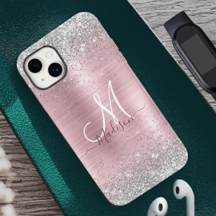 Cute rose blush silver faux glitter monogram Case-Mate iPhone 14 case