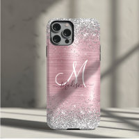 Cute rose blush silver faux glitter monogram