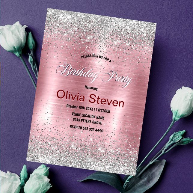 Cute rose blush silver faux glitter monogram invitation (Creator Uploaded)