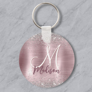 Cute rose blush silver faux glitter monogram key ring