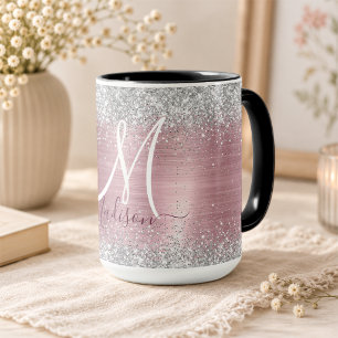 Cute rose blush silver faux glitter monogram mug