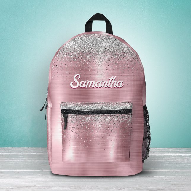 Cute rose blush silver faux glitter monogram  printed backpack (Creator Uploaded)