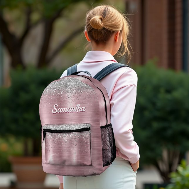Cute rose blush silver faux glitter monogram  printed backpack (Creator Uploaded)