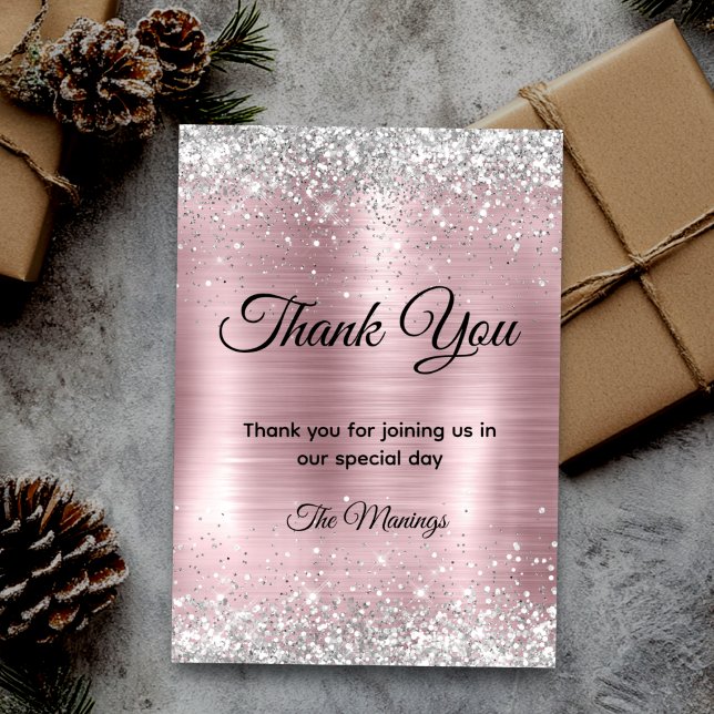 Cute rose blush silver faux glitter thank you  card (Creator Uploaded)