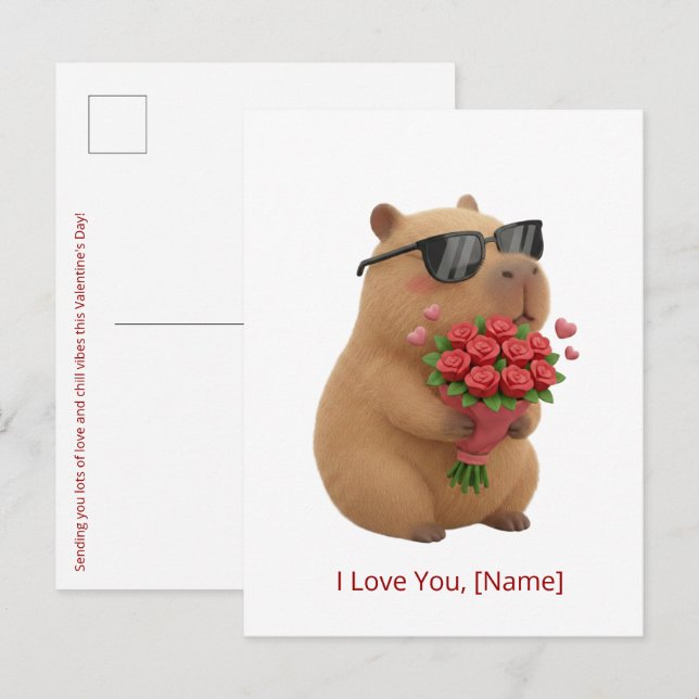 Cute Rose Capybara I Love You Custom Name Postcard (Front/Back)