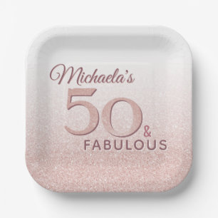 Cute Rose Gold 50 Fabulous Name 50th Birthday Paper Plate