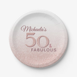 Cute Rose Gold 50 Fabulous Name 50th Birthday Paper Plate