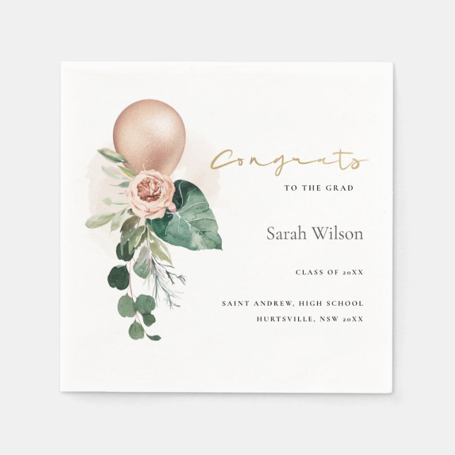 CUTE ROSE GOLD BALLOON FLORA GRAD CONGRATS  NAPKIN (Front)