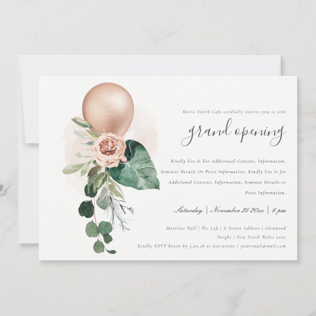 Cute Rose Gold Balloon Floral Grand Opening Invite (Front)