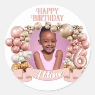 Cute Rose Gold Balloon Photo Frame 6th Birthday Classic Round Sticker