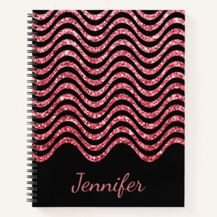 Cute Rose Gold Black Glitter Chevron Personalised Notebook
