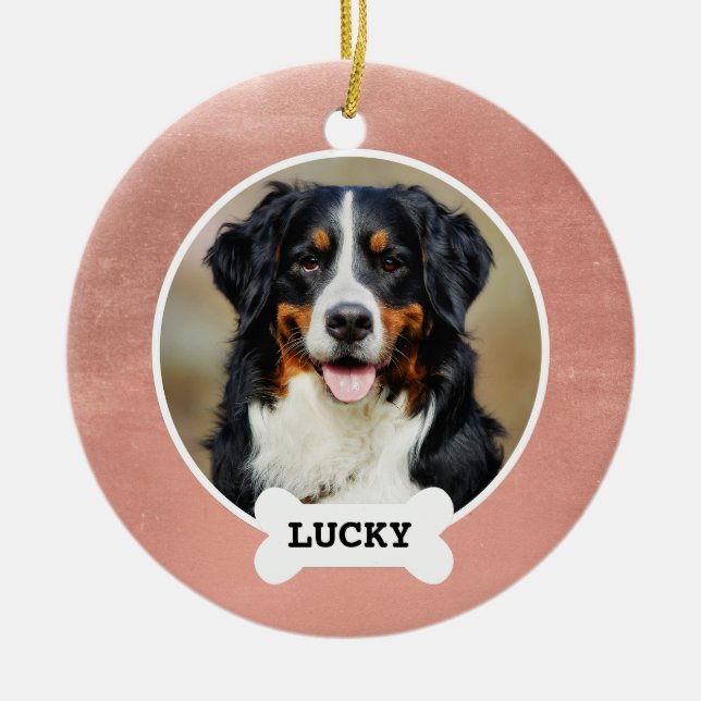 Cute Rose Gold Brushed Metal Name Pet Photo Ceramic Tree Decoration (Front)