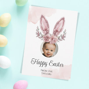 Cute Rose Gold Easter Bunny Ears Kids Photo Holiday Card