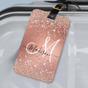 Cute rose gold faux glitter monogram luggage tag