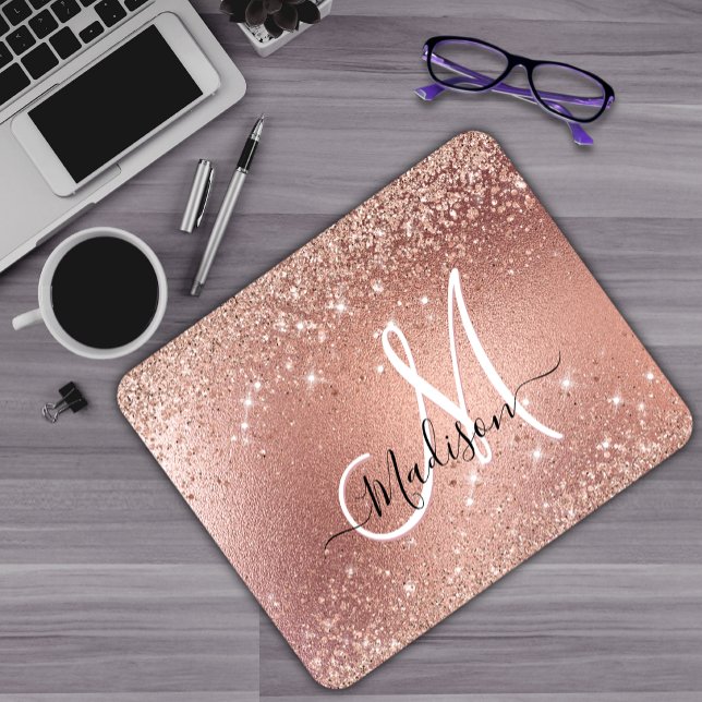 Cute rose gold faux glitter monogram mouse mat (Creator Uploaded)