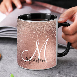 Cute rose gold faux glitter monogram mug