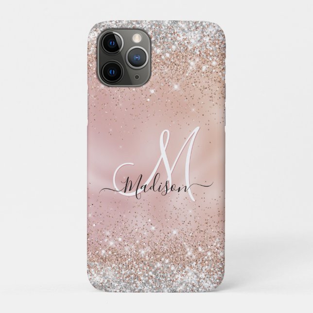 Cute rose gold faux silver glitter monogram Case-Mate iPhone case (Back)