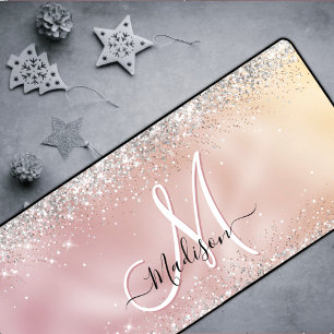 Cute rose gold faux silver glitter monogram desk mat