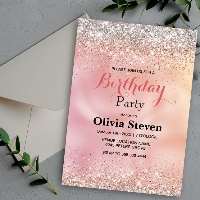 Cute rose gold faux silver glitter monogram invitation (Creator Uploaded)