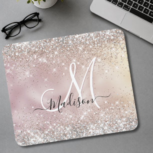 Cute rose gold faux silver glitter monogram mouse mat