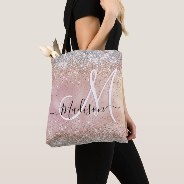 Cute rose gold faux silver glitter monogram tote bag (Close Up)