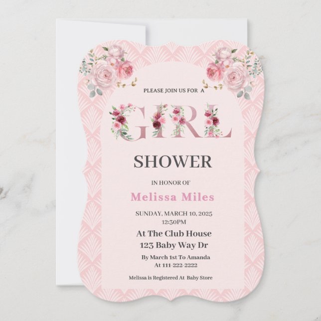 Cute  Rose Gold floral letters Girl Baby shower  Invitation (Front)