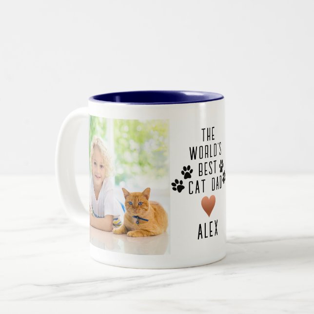 Cute Rose Gold Heart Foil Worlds Best Cat Dad  Two-Tone Coffee Mug (Front Left)