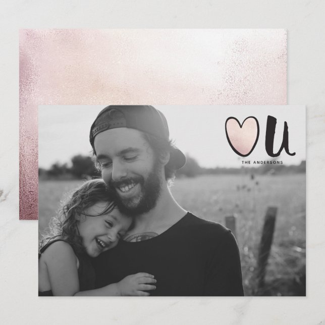 Cute Rose Gold Heart You Photo Valentine's Day Holiday Card (Front/Back)