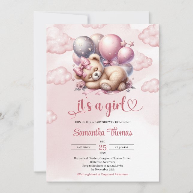 Cute rose gold it's a girl sleeping teddy bear invitation (Front)
