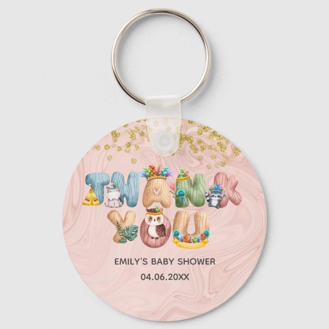 Cute Rose Gold Marble Baby Shower Animal Thank You Key Ring (Front)