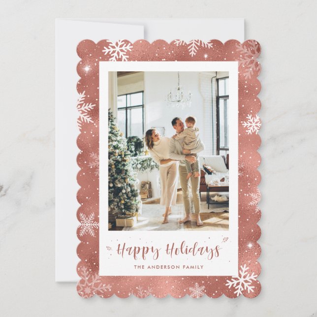 Cute Rose Gold Snowy Photo Holiday (Front)