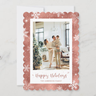 Cute Rose Gold Snowy Photo Holiday Card