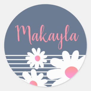 Cute Rose Pink Daisy Flowers Pastel Blue Name Classic Round Sticker