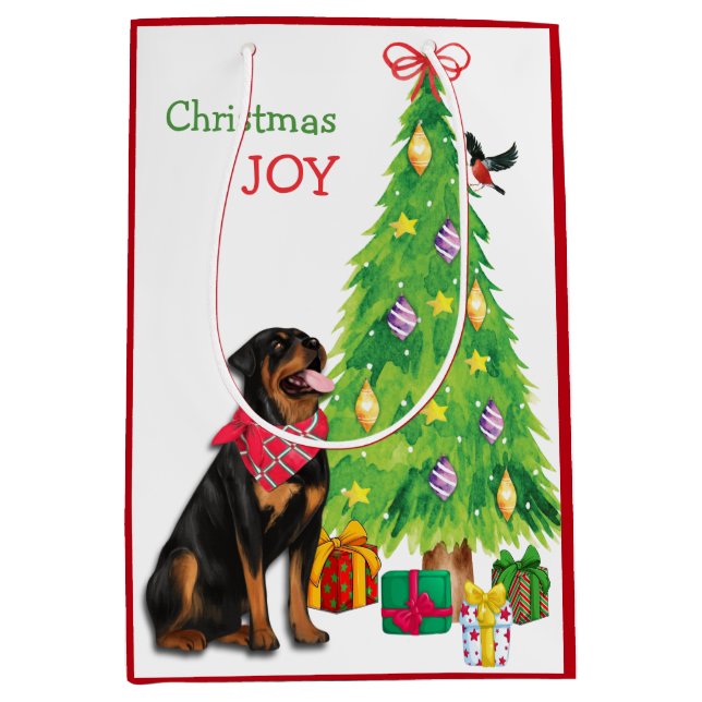 Cute Rottweiler, Bird, and Christmas Tree Medium Gift Bag (Front)