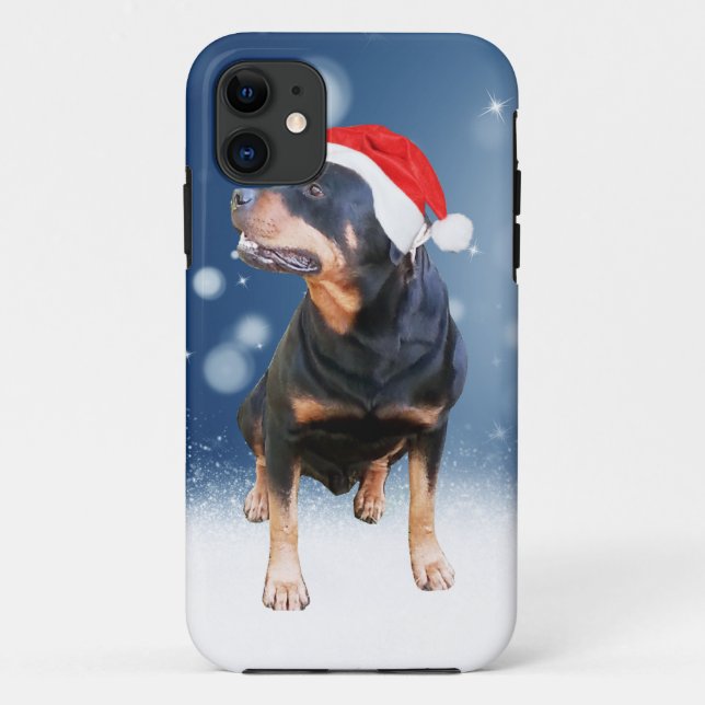 Cute Rottweiler Dog Christmas Santa Hat Snow Stars Case-Mate iPhone Case (Back)