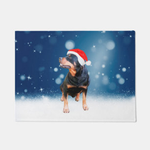 Cute Rottweiler Dog Christmas Santa Hat Snow Stars Doormat