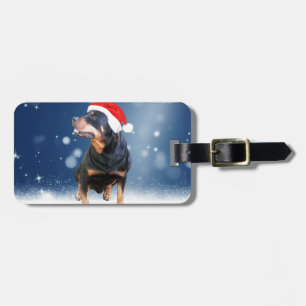 Cute Rottweiler Dog Christmas Santa Hat Snow Stars Luggage Tag
