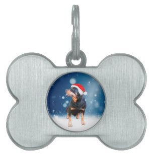 Cute Rottweiler Dog Christmas Santa Hat Snow Stars Pet ID Tag