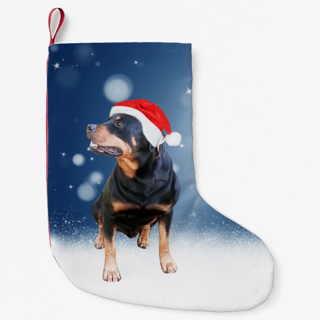 Cute Rottweiler Dog Christmas Santa Hat Snow Stars Small Christmas Stocking (Front)