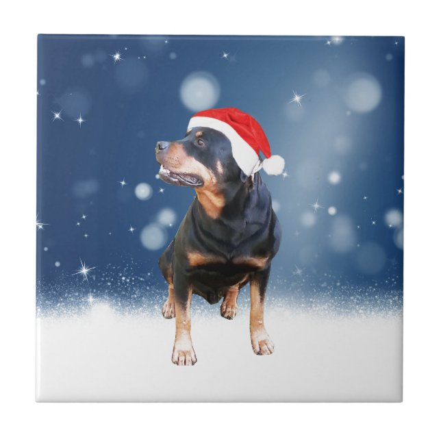 Cute Rottweiler Dog Christmas Santa Hat Snow Stars Tile (Front)