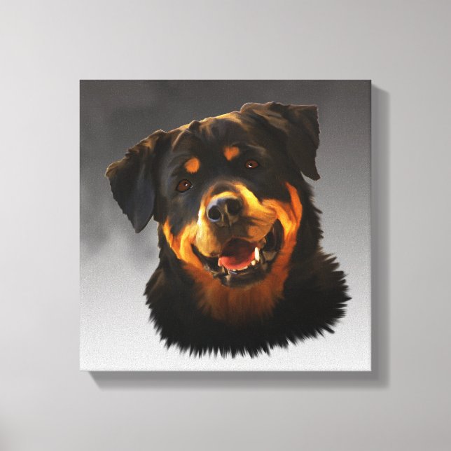 Cute Rottweiler Dog Water Colour Art Portrait Canvas Print (Front)
