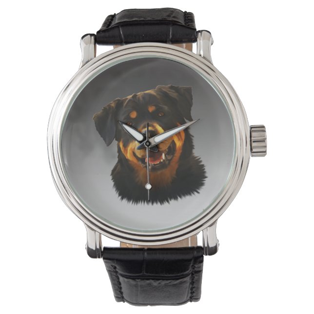 Cute Rottweiler Dog Water Colour Art Portrait Watch (Front)